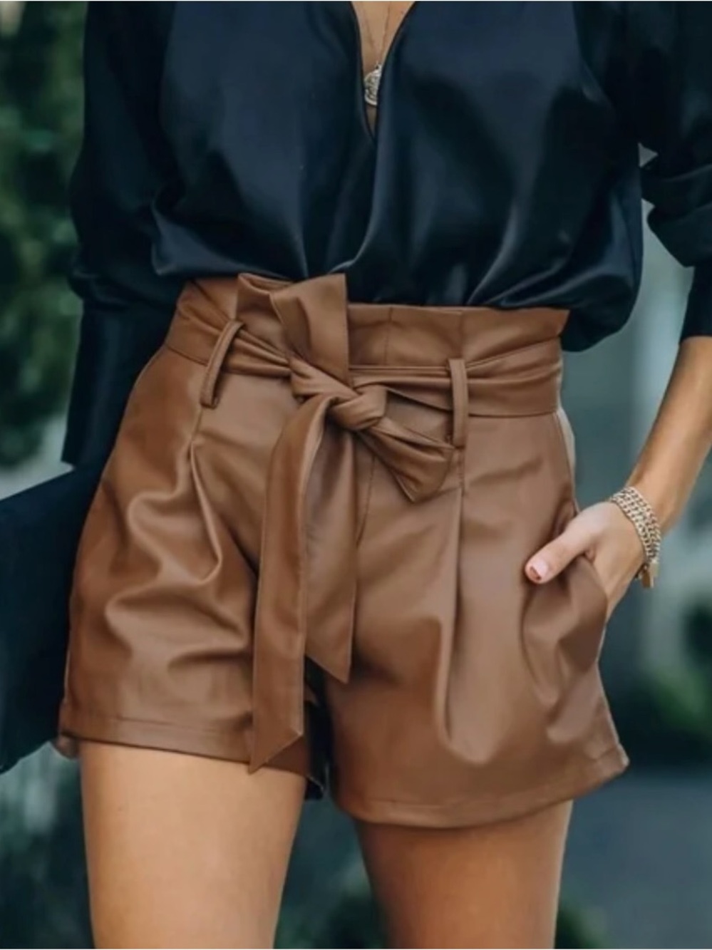 High-Waist Brown Faux-Leather Paperbag Tie Shorts